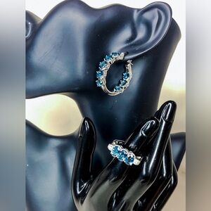 Blue Spinel Hoop Earrings & Ring Set Sz 8 Electroplated Rhodium Sterling Silver